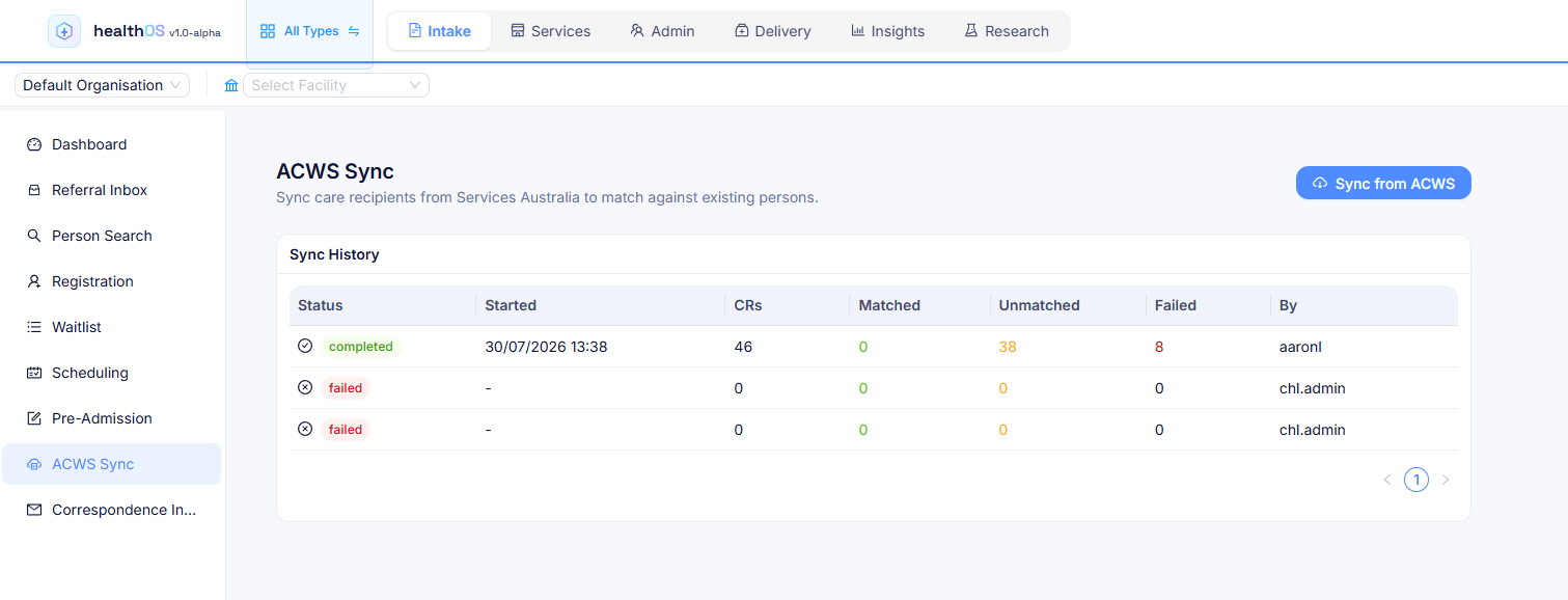 Aged Care Web Services sync results, matched and unmatched.