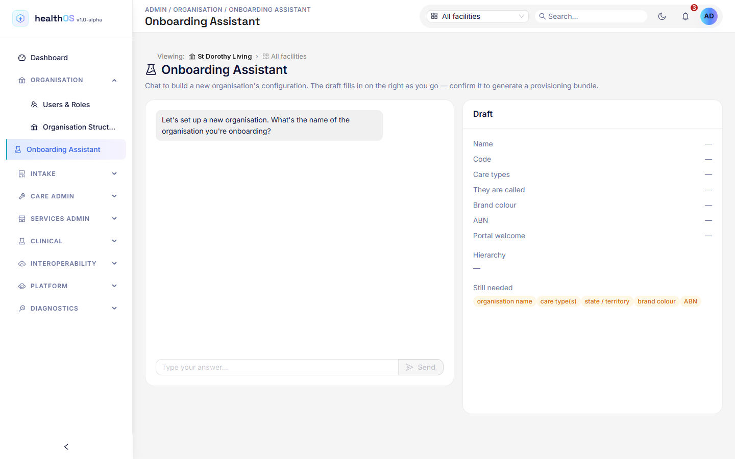 The onboarding assistant setting up a new organisation.