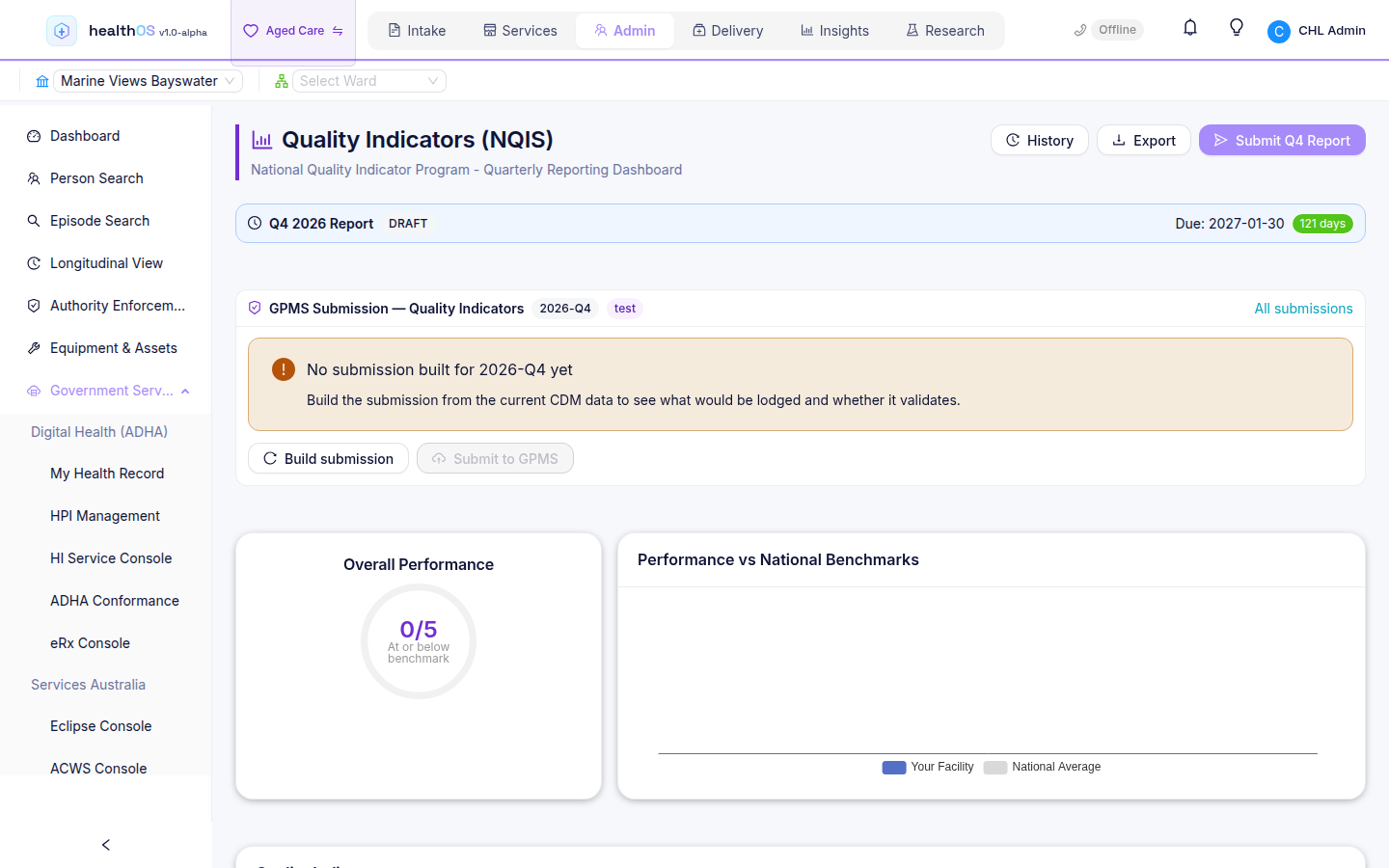 The National Quality Indicator program screen in HealthOS.