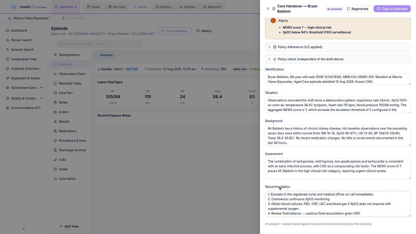 An AI-drafted care handover in ISBAR form, marked for clinician review.
