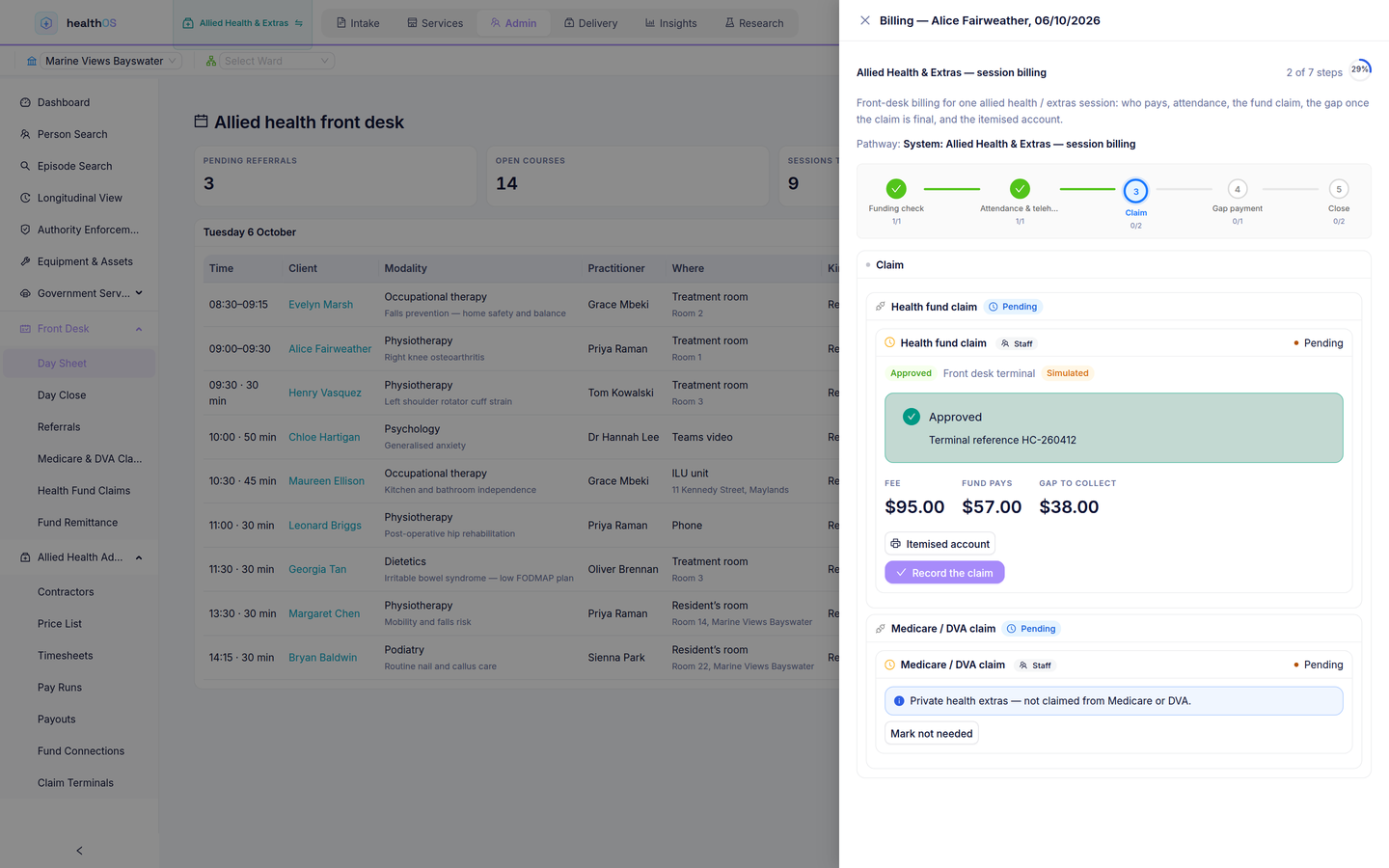 Session billing in HealthOS on a simulated HICAPS terminal: HBF approves the claim, with a fee of $95, $57 paid by the fund and a $38 gap to collect.