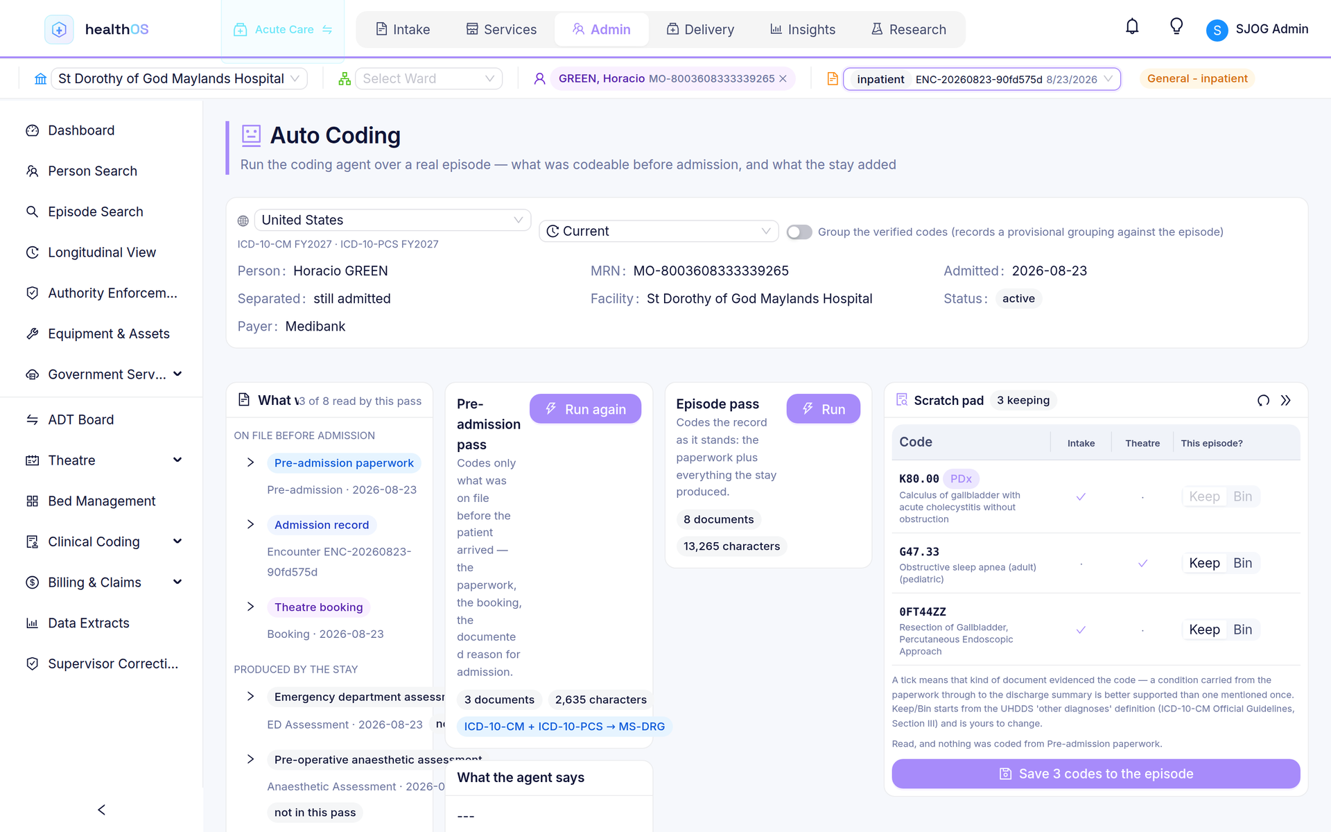 Auto coding an inpatient cholecystectomy episode: what HealthOS holds on the admission, the agent’s pre-admission pass, and the codes it kept.