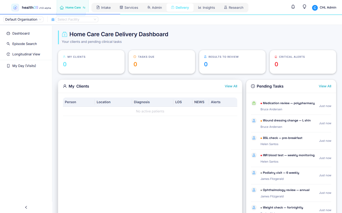 HealthOS home care delivery dashboard showing a coordinator's clients and pending clinical tasks such as medication reviews and blood tests