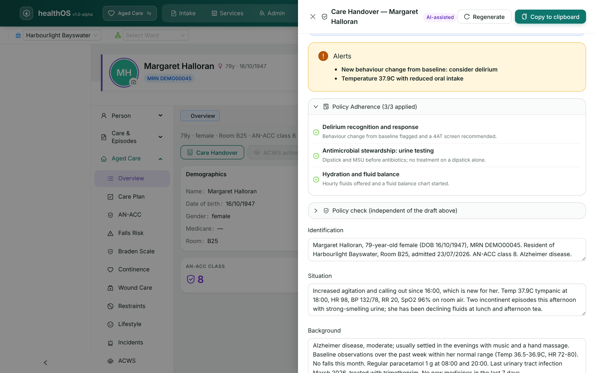 An AI-assisted care handover for an aged care resident in HealthOS: the alerts first, then the policies the draft applied, then the ISBAR sections for a clinician to review and edit.