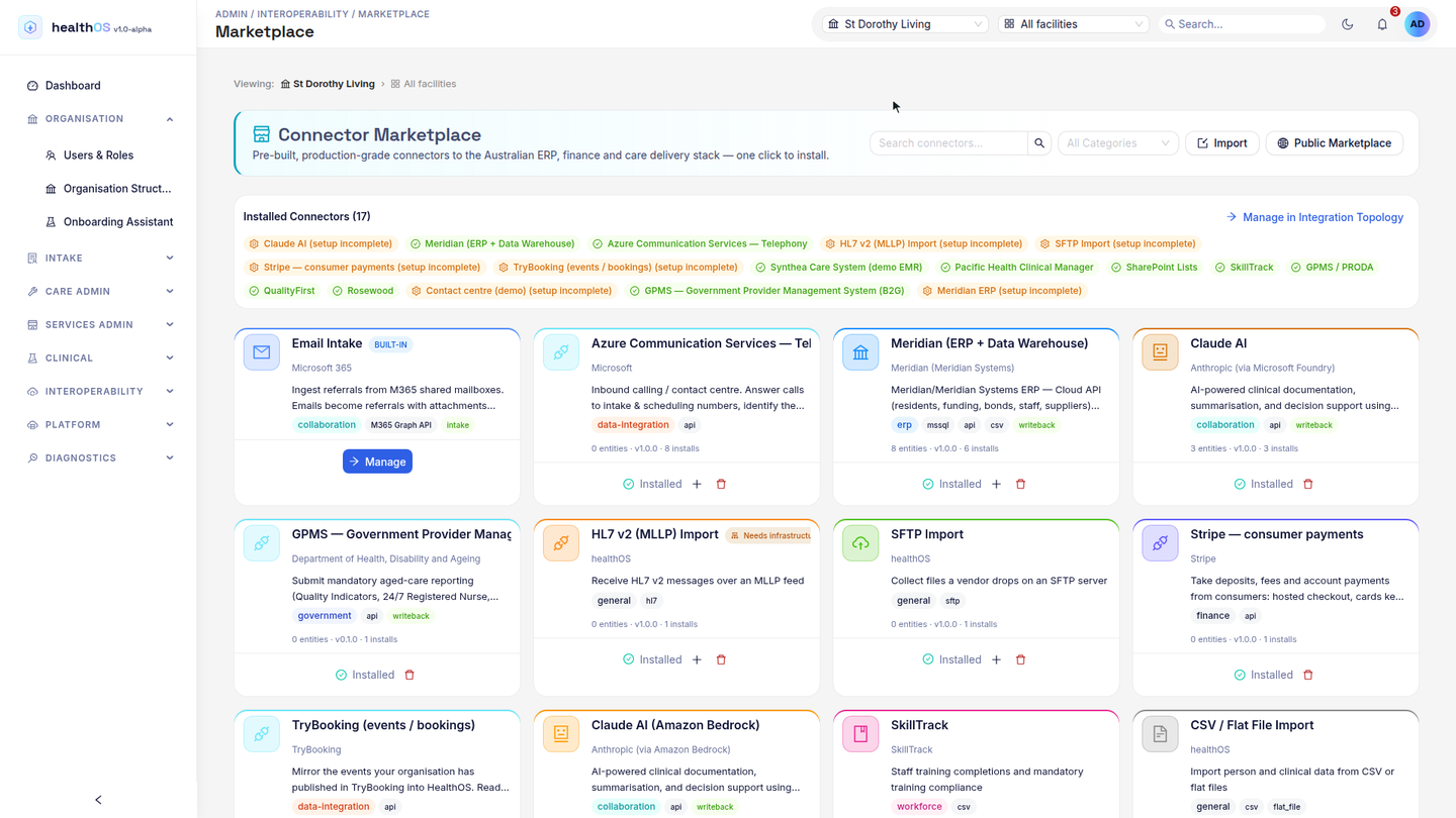 The connector marketplace in the admin portal, with installed and available connectors.