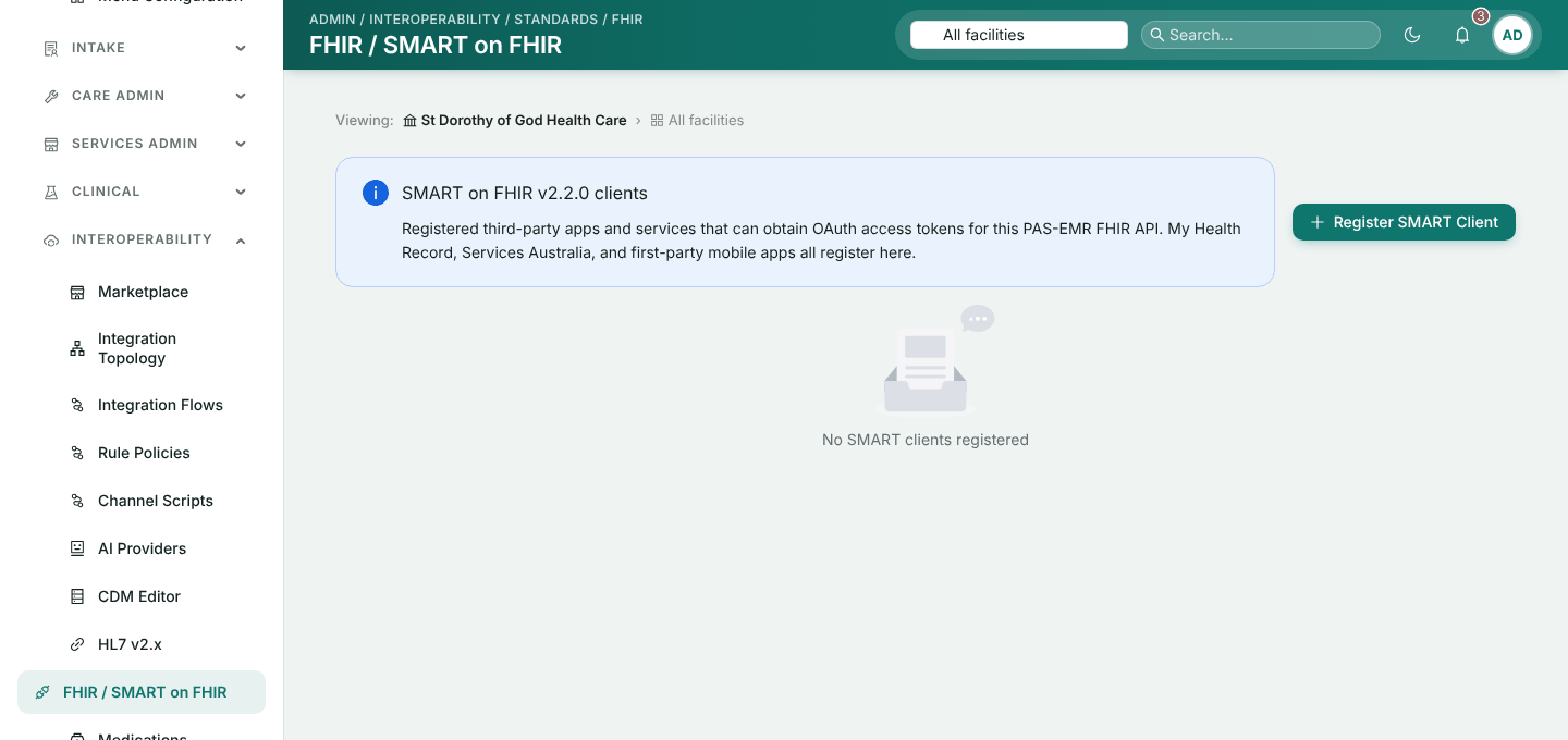 HealthOS Admin with Interoperability open in the menu and the FHIR / SMART on FHIR page showing an empty client list and a Register SMART Client button