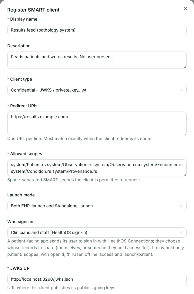 The Register SMART client form with Confidential JWKS client type, a redirect URI, system scopes including system/Observation.cu, and a JWKS URI