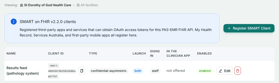 The client list with Results feed (pathology system), its client ID, type confidential-asymmetric, signs in staff, not offered in the clinician app, enabled