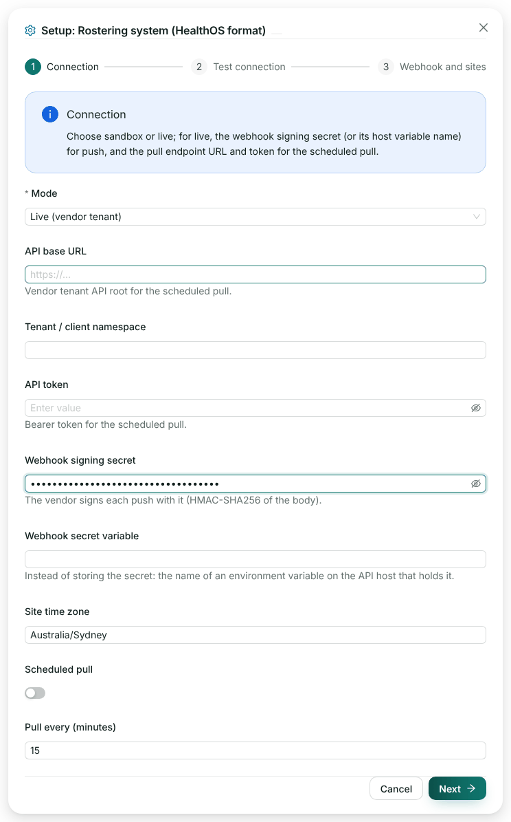 The rostering connector set-up form with Mode Live, a hidden webhook signing secret, site time zone Australia/Sydney and scheduled pull off