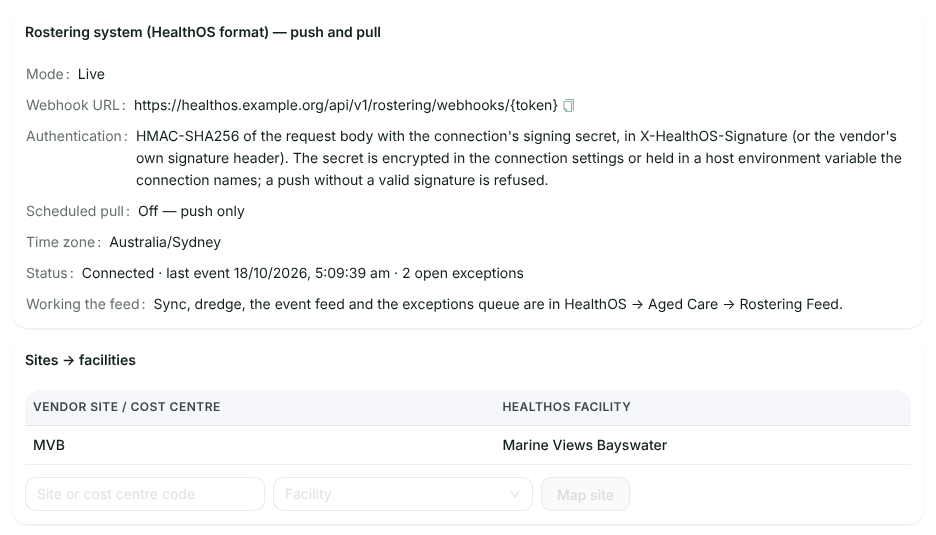 The rostering connection panel: Mode Live, the webhook URL, HMAC-SHA256 authentication, scheduled pull off, time zone, status connected, and Sites to facilities mapping MVB to Harbourlight Bayswater