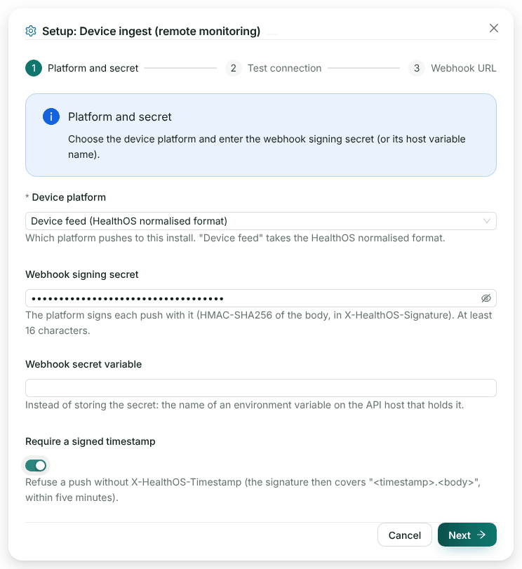 The device ingest set-up form: Device platform Device feed (HealthOS normalised format), a hidden webhook signing secret, and Require a signed timestamp switched on