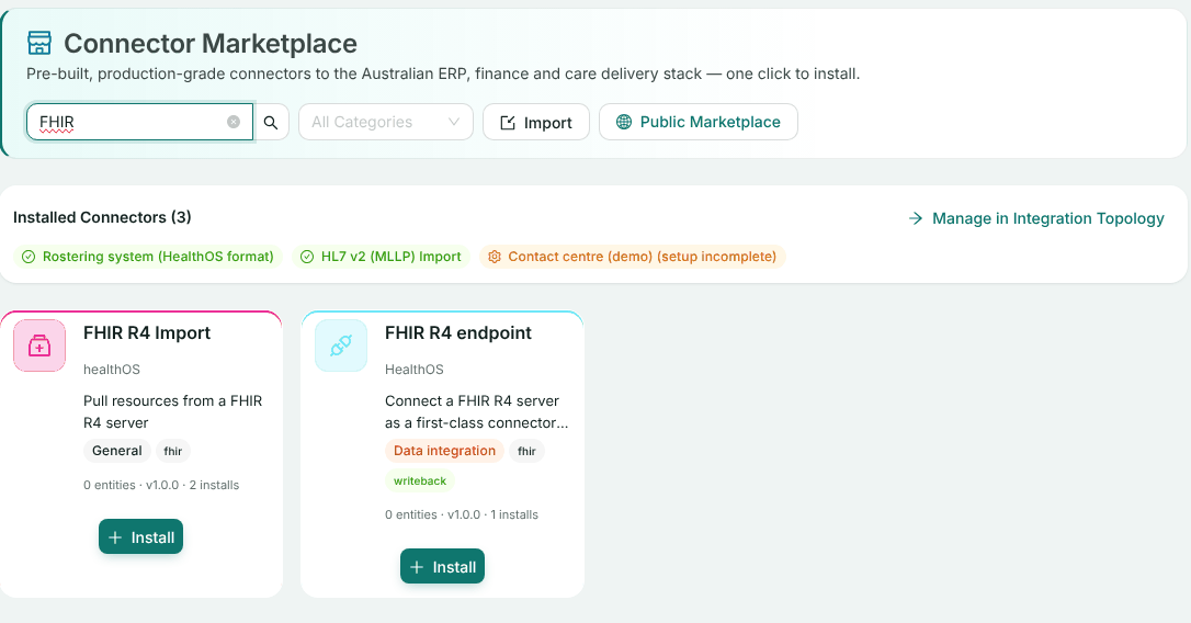The Connector Marketplace searched for FHIR, showing the FHIR R4 Import and FHIR R4 endpoint cards