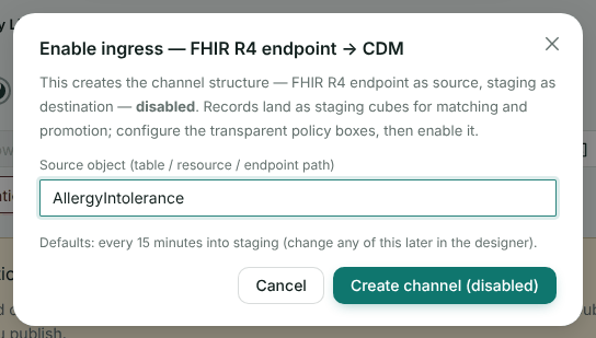 The Enable ingress dialog with AllergyIntolerance as the source object and a Create channel (disabled) button