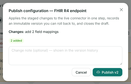 The Publish configuration dialog listing 2 field mappings added, with a Publish v2 button