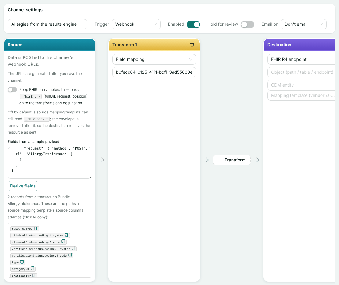 The Edit channel page with trigger Webhook, Enabled on, a Field mapping transform step, and a sample Bundle with derived field paths