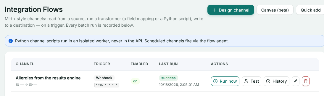 The Integration Flows list with the channel Allergies from the results engine, trigger Webhook, enabled, last run success