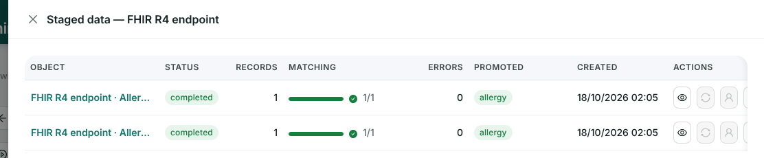 Staged data for the connection: two staged objects, each 1 record, matching 1/1, promoted to allergy