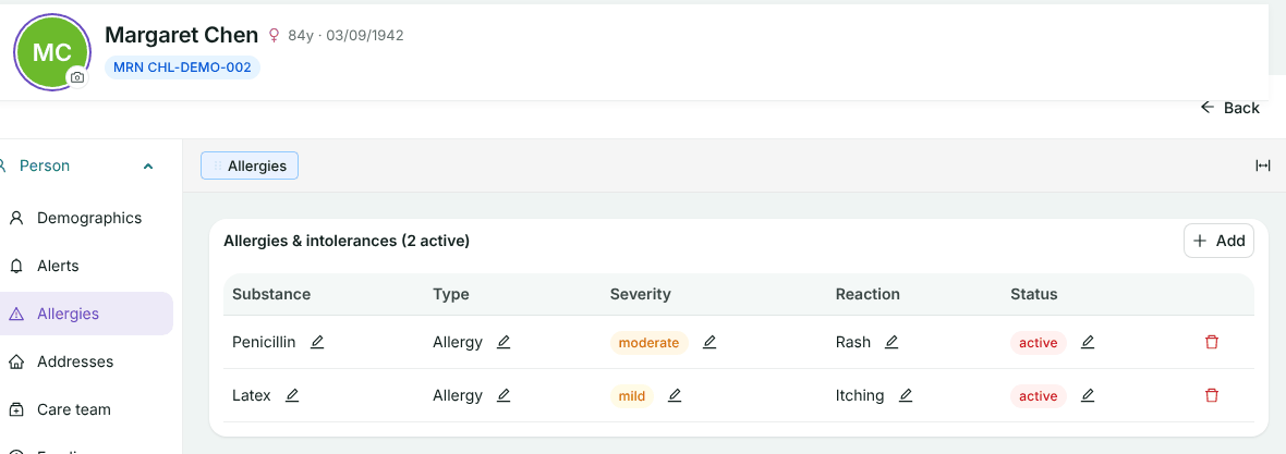 Margaret Chen's record in HealthOS, Allergies tab, listing Penicillin (moderate, rash, active) and Latex (mild, itching, active)