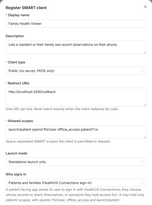 The Register SMART client form for Family Health Viewer: Public client type, a callback redirect URI, scopes launch/patient openid fhirUser offline_access patient/*.rs, Standalone-launch only, and Who signs in set to Patients and families