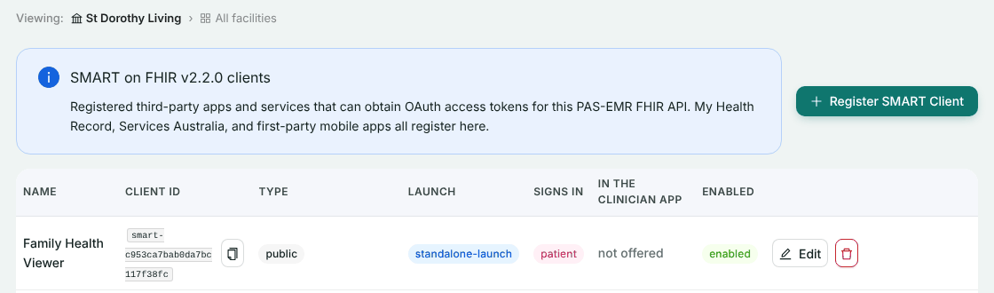 The client list with Family Health Viewer, type public, launch standalone-launch, signs in patient, not offered in the clinician app, enabled