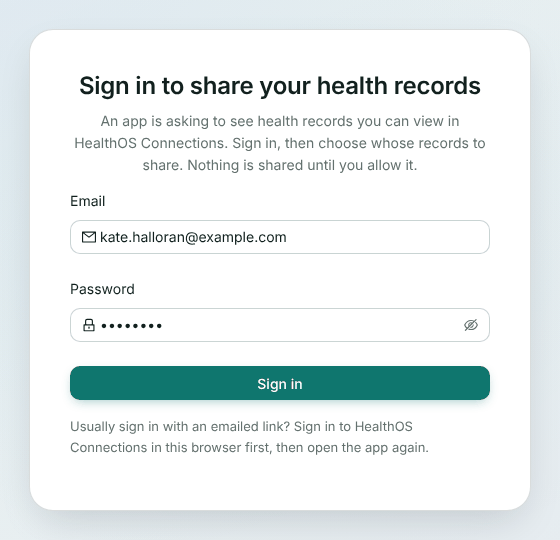 HealthOS Connections page titled Sign in to share your health records, with email and password fields, a Sign in button and a note for people who usually sign in with an emailed link