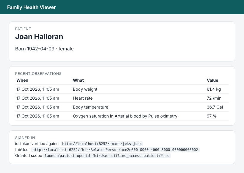 The sample Family Health Viewer app showing Joan Halloran, born 1942-04-09, four recent vital sign observations, and the granted scope