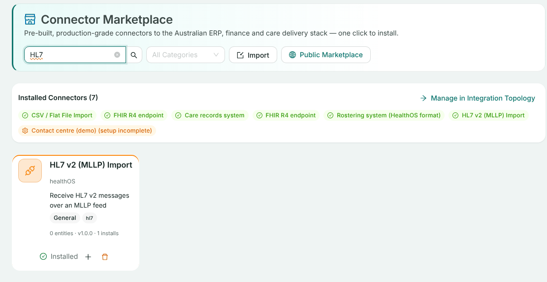 The Connector Marketplace searched for HL7, showing the HL7 v2 (MLLP) Import card
