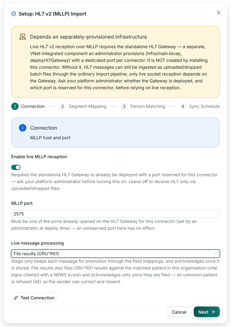 The HL7 v2 (MLLP) Import set-up form: a notice that live reception needs the separately deployed HL7 Gateway, Enable live MLLP reception on, MLLP port 2575, Live message processing set to File results (ORU^R01)