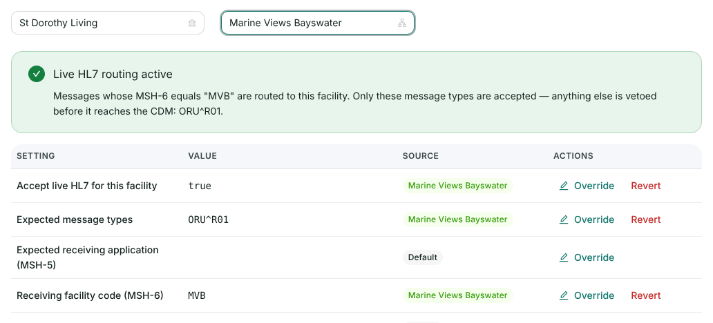 HL7 settings for Harbourlight Bayswater: Live HL7 routing active, messages whose MSH-6 equals MVB are routed to this facility and only ORU^R01 is accepted; the overridden settings are listed