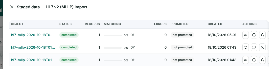 Staged data for the HL7 v2 (MLLP) Import connector: three hl7-mllp entries, each one record, completed