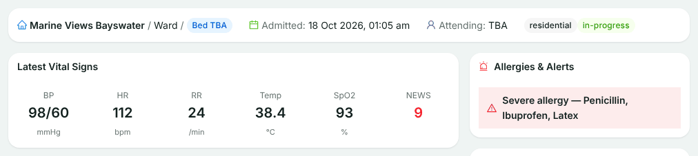 Margaret Chen's chart summary at Harbourlight Bayswater: latest vital signs BP 98/60, HR 112, RR 24, temperature 38.4, SpO2 93, NEWS 9