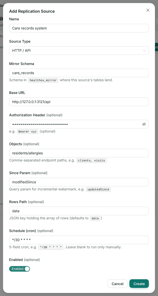 The Add Replication Source form for Care records system: source type HTTP / API, mirror schema, base URL, a hidden authorization header, objects residents/allergies, since param modifiedSince, rows path data, schedule every 30 minutes