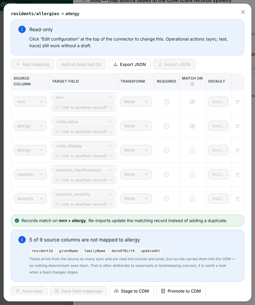 The gold mapping for residents/allergies to allergy: mrn to mrn and allergy to code_value, both match on; allergy to code_display; reaction to reaction_manifestation; severity to reaction_severity; with Stage to CDM and Promote to CDM buttons
