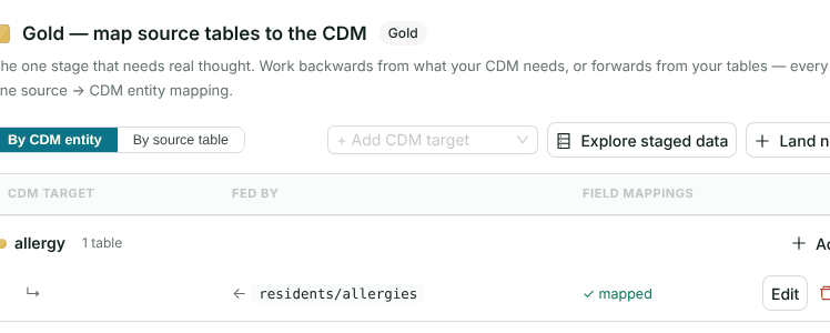 The Gold stage listing the allergy target fed by one table, residents/allergies, mapped