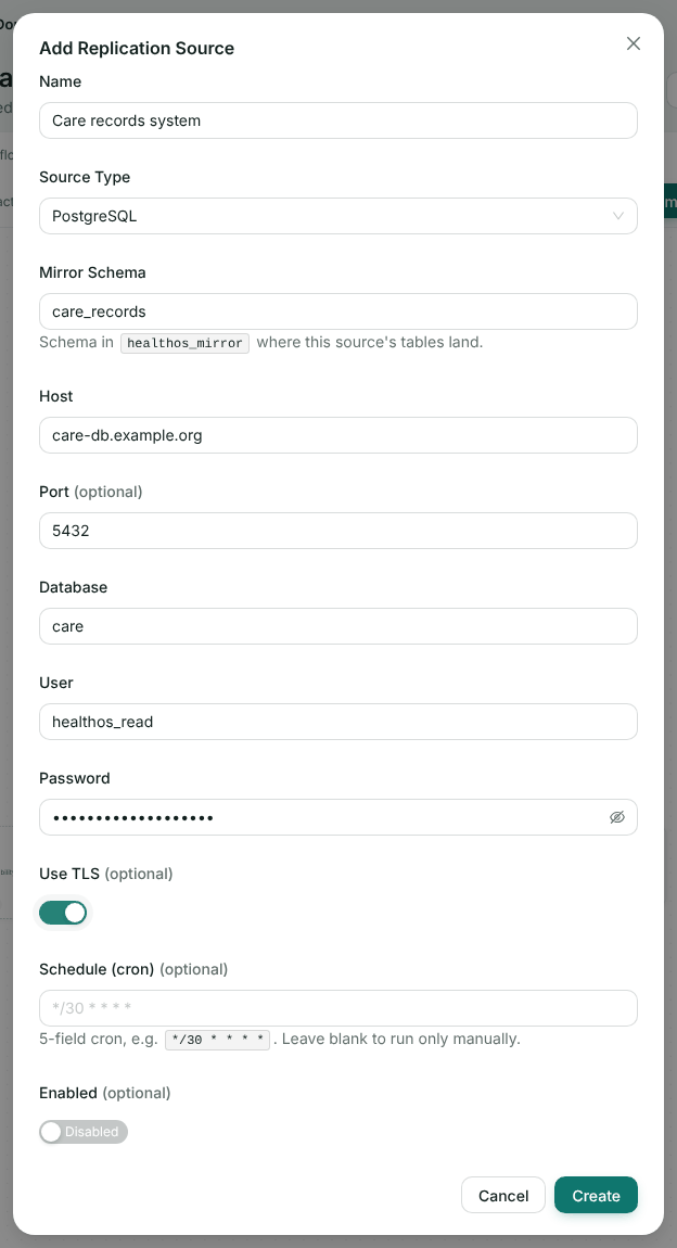 The Add Replication Source form with source type PostgreSQL, mirror schema, host, port 5432, database, user healthos_read, a hidden password and Use TLS on