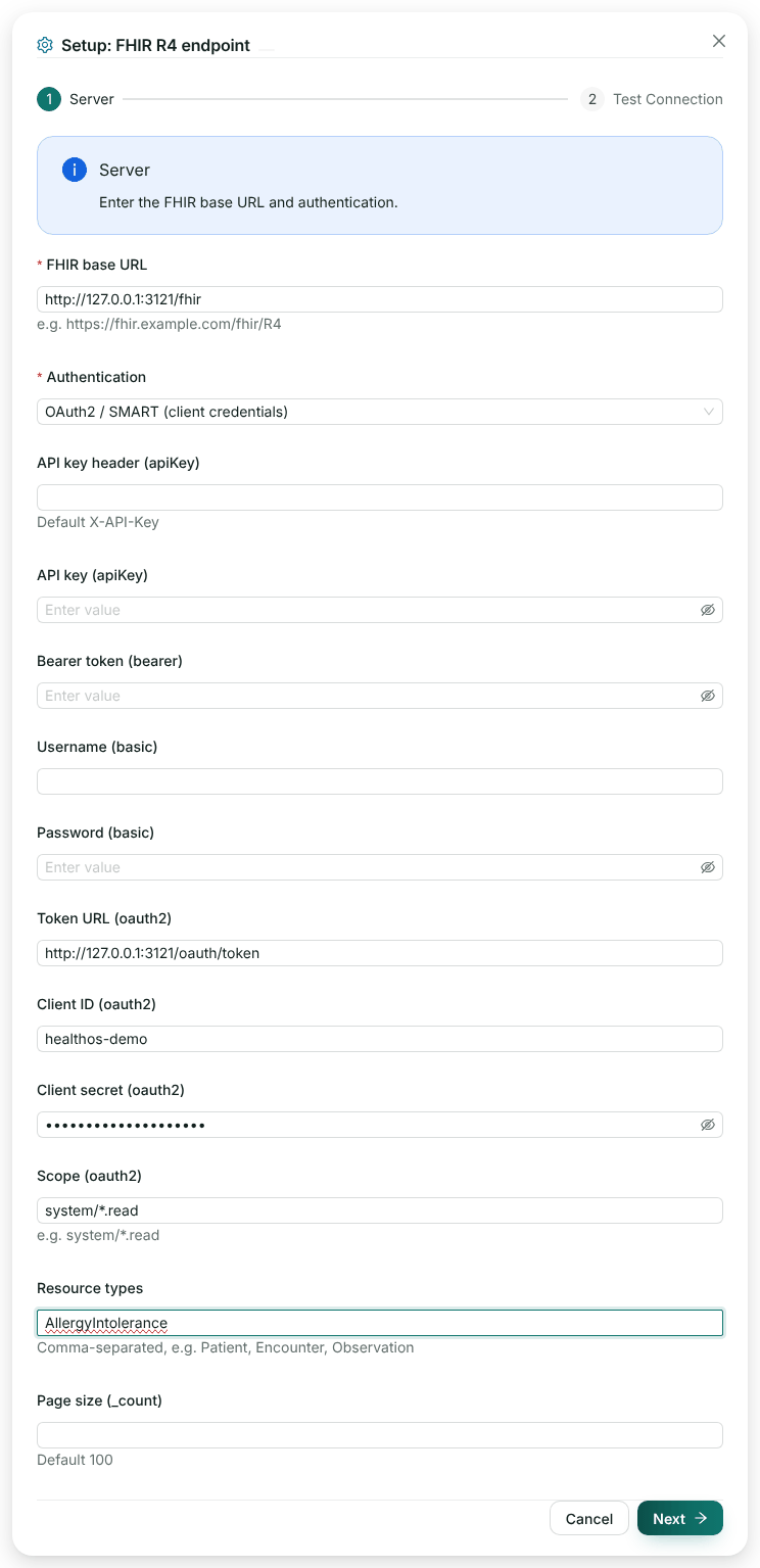 The FHIR R4 endpoint set-up form with a FHIR base URL, Authentication OAuth2 client credentials, a token URL, client ID healthos-demo, a hidden client secret, scope system/*.read and resource type AllergyIntolerance