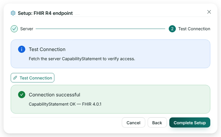 Test Connection: Connection successful, CapabilityStatement OK, FHIR 4.0.1