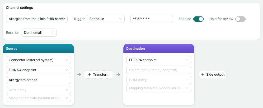 The channel Allergies from the clinic FHIR server: trigger Schedule every 15 minutes, enabled, source the FHIR R4 endpoint connector reading AllergyIntolerance, destination the same connection