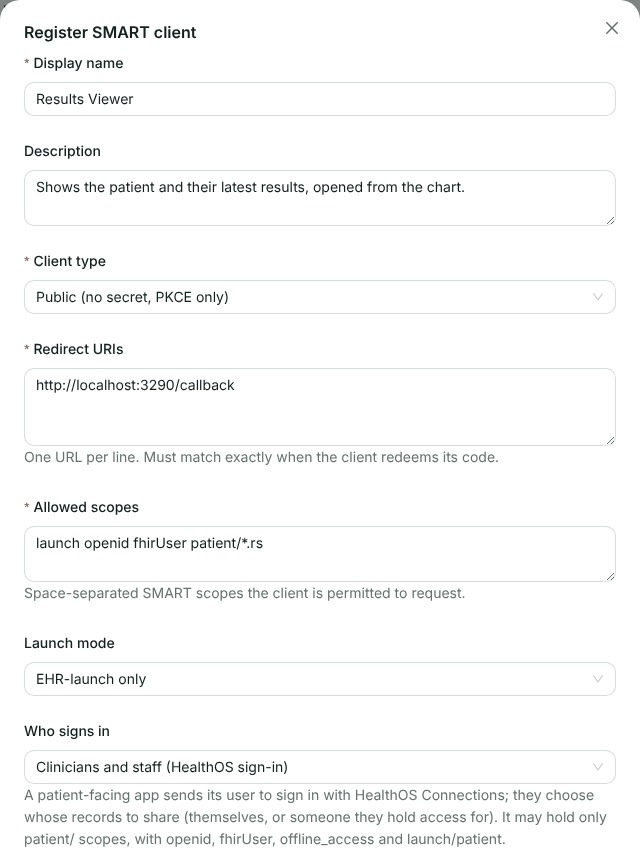 The Register SMART client form for Results Viewer: Public client type, a callback redirect URI, scopes launch openid fhirUser patient/*.rs, EHR-launch only, clinicians and staff sign in