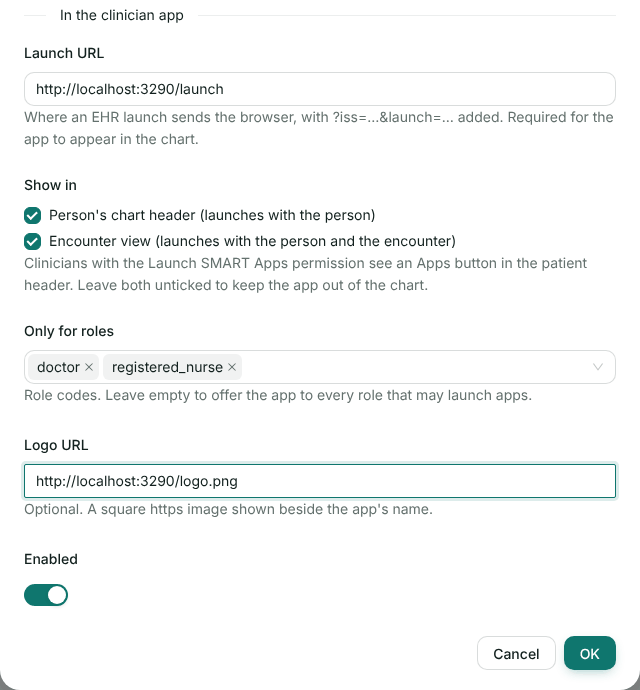 The In the clinician app section: a launch URL, both Show in boxes ticked, roles doctor and registered_nurse, a logo URL, and Enabled switched on