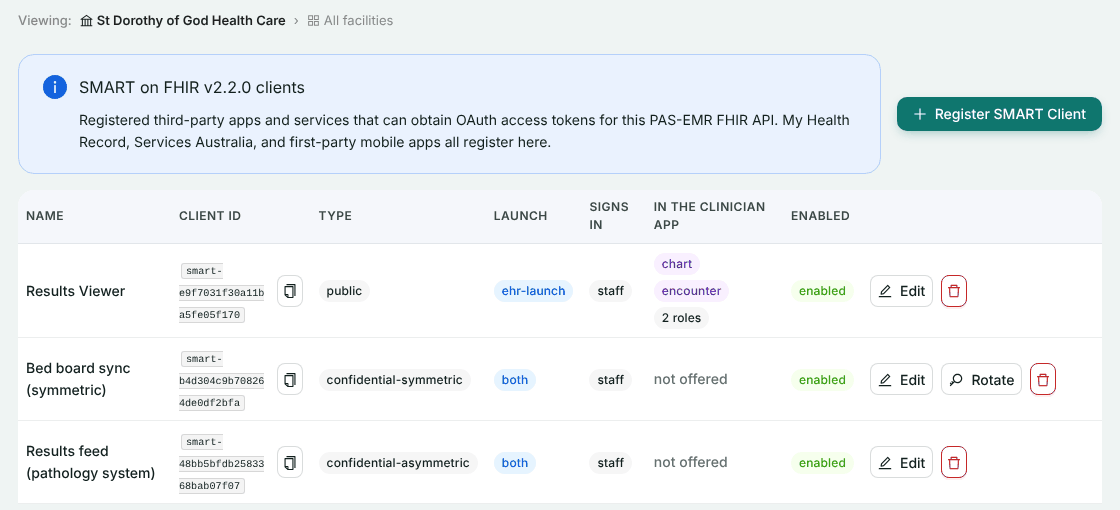 The client list with Results Viewer, type public, launch ehr-launch, signs in staff, in the clinician app chart and encounter for 2 roles, enabled