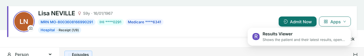 A person's header in HealthOS with the Apps menu open, listing Results Viewer with its description