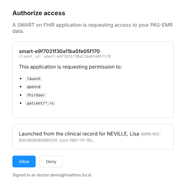 The Authorize access page listing the app's client ID, the scopes launch, openid, fhirUser and patient/*.rs, the line Launched from the clinical record for NEVILLE, Lisa, and Allow and Deny buttons