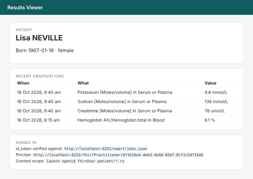 The sample Results Viewer app showing Lisa NEVILLE, born 1967-01-16, four recent laboratory observations, and the verified id_token's fhirUser and granted scope