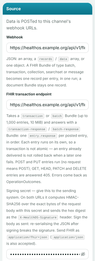 The webhook source block with the Webhook URL, the FHIR transaction endpoint and a hidden signing secret