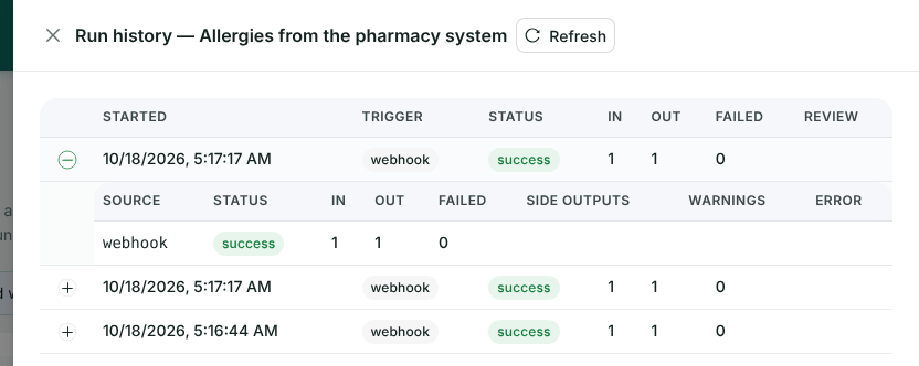 Run history for Allergies from the pharmacy system: three webhook runs, each 1 in, 1 out, success, one expanded to show the webhook source