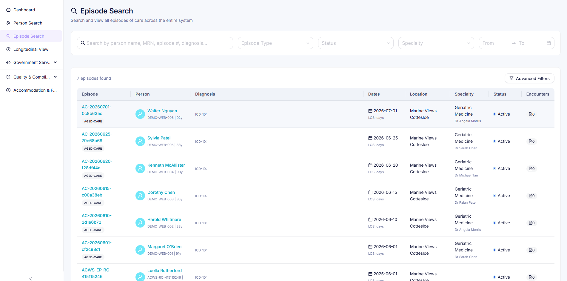 HealthOS Episode Search listing episodes of care with person, dates, location, specialty and status