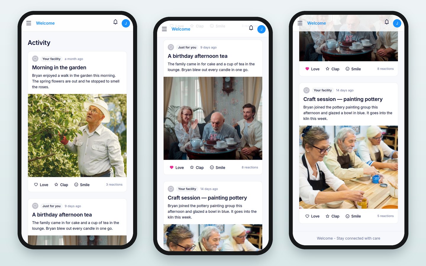 The family portal activity feed on three phones: Bryan in the garden, his birthday afternoon tea, and a pottery painting session, each with Love, Clap and Smile reactions.