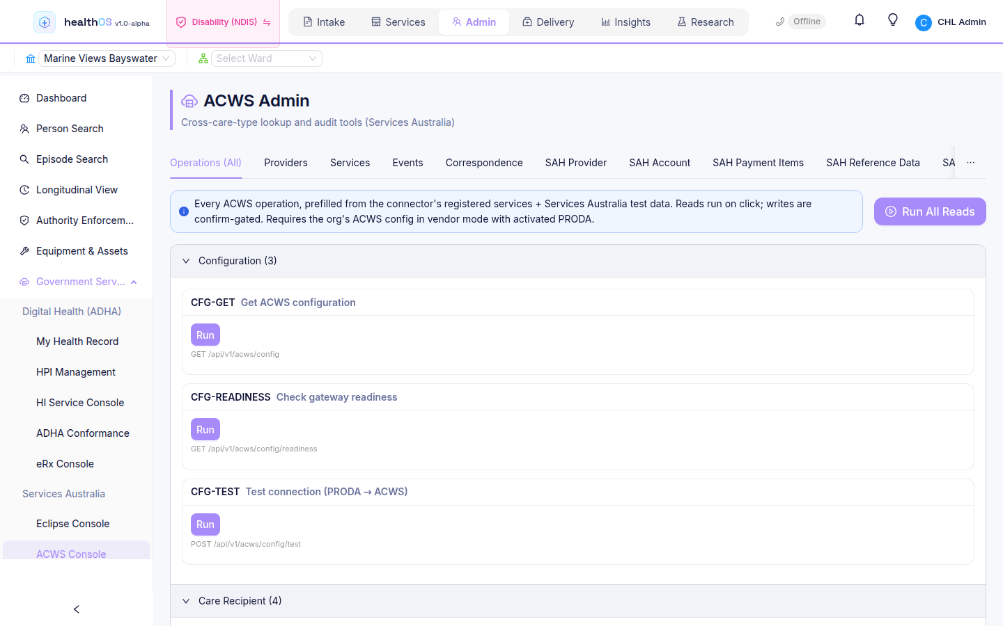 ACWS Admin console in HealthOS listing Aged Care Web Services operations, from configuration and the PRODA connection test to care recipient search