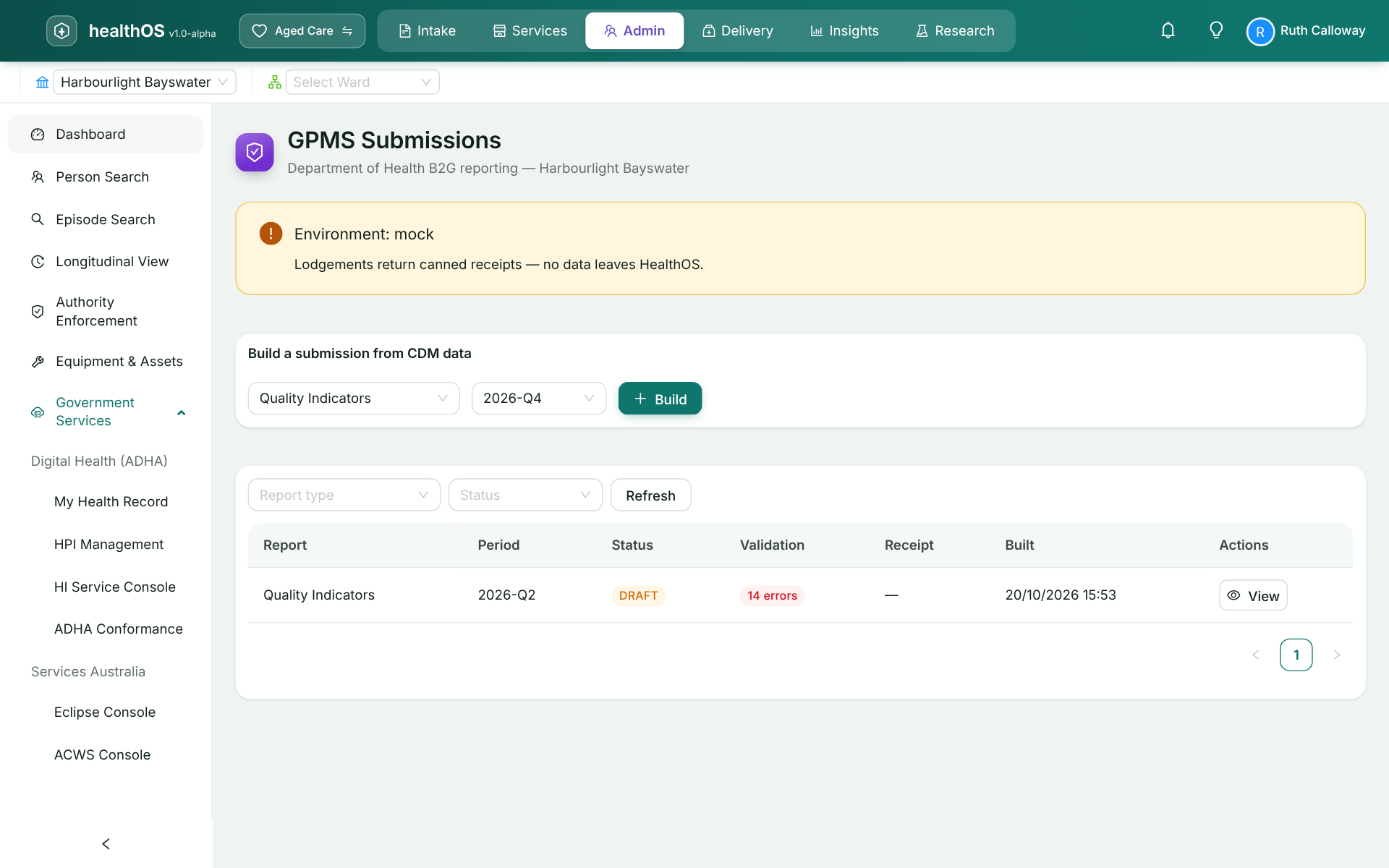 GPMS Submissions in HealthOS: monthly 24/7 Registered Nurse reports and quarterly Quality Indicator reports lodged to the Department of Health, each with its status, validation and GPMS receipt.